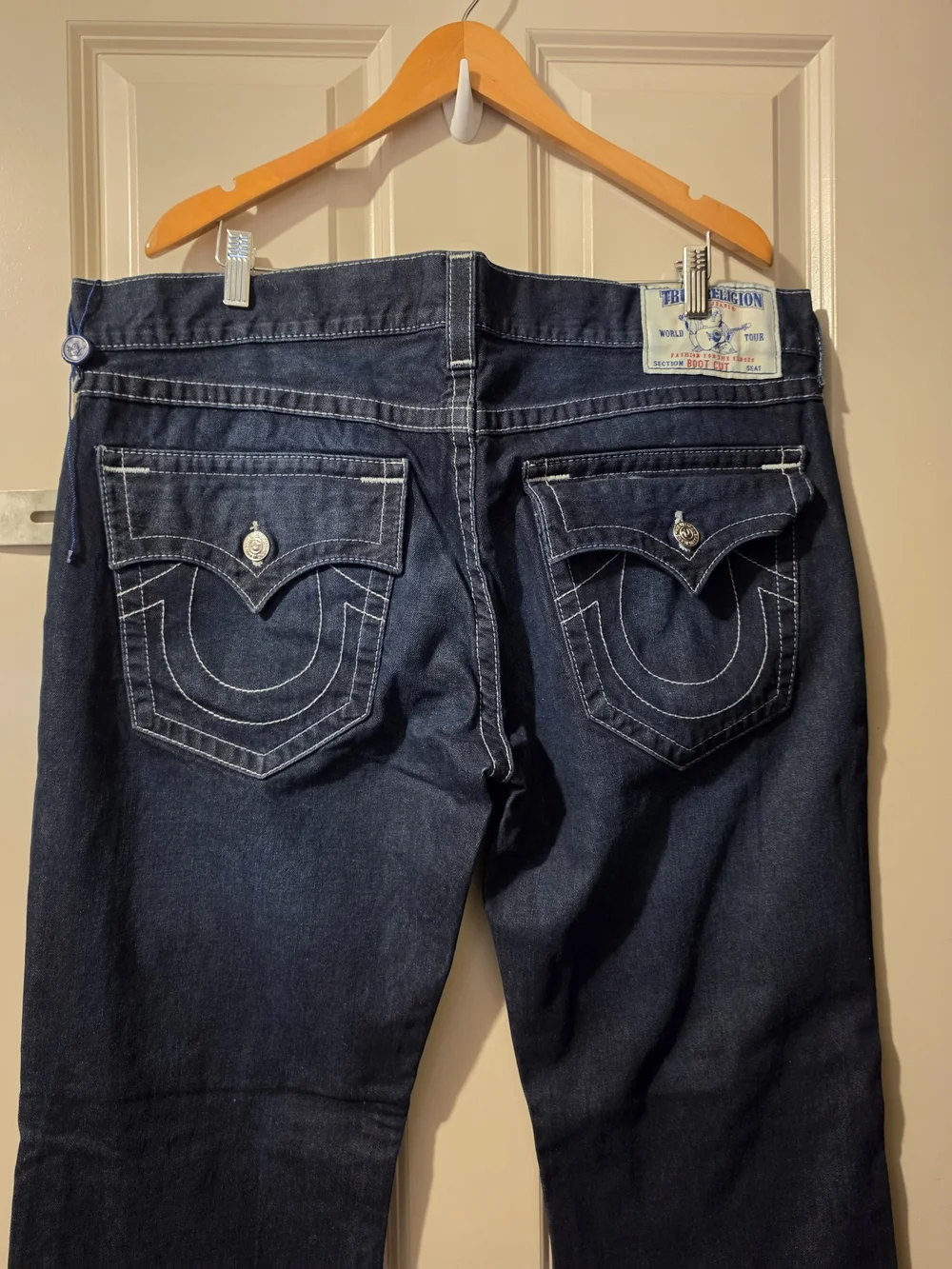 True Religion Men’s Dark Blue Bootcut Jeans with Contrast Stitching